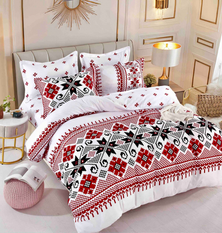 Lenjerii de pat 100x200cm - Lenjerie pat single,bumbac finet,4 piese,cearceaf normal,motiv traditional cu romburi negre si rosii-A825