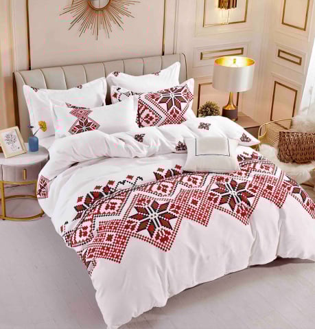 Lenjerii de pat 120x200cm - Lenjerie pat single,bumbac finet,4 piese,cearceaf normal,motiv traditional cu romburi mari-A827