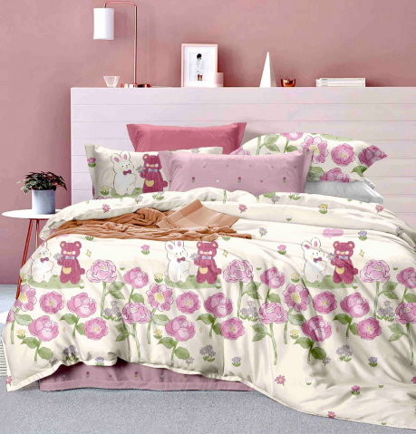 Lenjerii de pat 120x200cm - Lenjerie pat single,bumbac finet,4 piese,cearceaf normal,alba cu flori colorate si ursuleti-A837