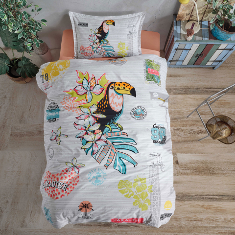 Lenjerii de pat - Lenjerie pat single,bumbac ranforce,3 piese,gri cu papagali,Paradise-A1489