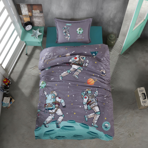 Lenjerii de pat - Lenjerie pat single,bumbac ranforce,3 piese,gri/turcoaz cu astronauti,Space-A1492