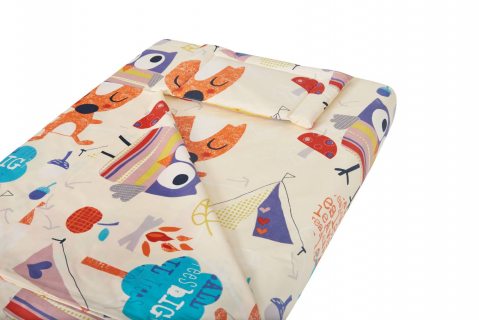 Mama si copilul - Lenjerie patut bebe, SomnART, cearceaf pat 60x120x10 cu elastic, cearceaf pilota 80x110, perna joasa 20x35, Bufnite Mari