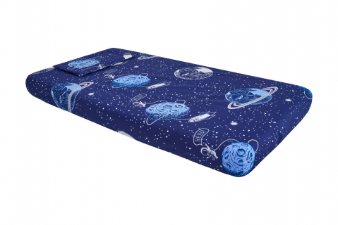 Lenjerie patut bebe, SomnART, cearceaf pat 60x120x10 cu elastic, cearceaf pilota 80x110, perna joasa 20x35, Comete Cosmos [1]