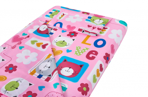 Mama si copilul - Lenjerie patut bebe, SomnART, cearceaf pat 60x120x10 cu elastic, cearceaf pilota 80x110, perna joasa 20x35, Pisicute