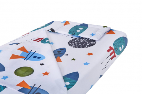 Mama si copilul - Lenjerie patut bebe, SomnART, cearceaf pat 60x120x10 cu elastic, cearceaf pilota 80x110, perna joasa 20x35, Rachete