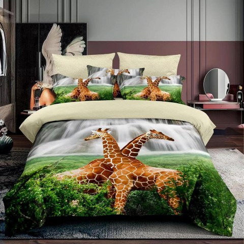 Lenjerii de pat crem - Lenjerie de pat bumbac finet 3D single verde si crem cu girafe