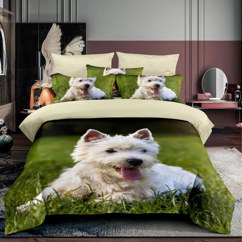 Lenjerii de pat cu catei - Lenjerie de pat bumbac finet 3D single verde si crem cu catel alb