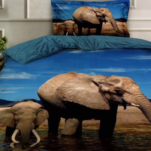Lenjerii de pat maro - Lenjerie de pat bumbac finet 3D single albastra si maro cu elefant si pui