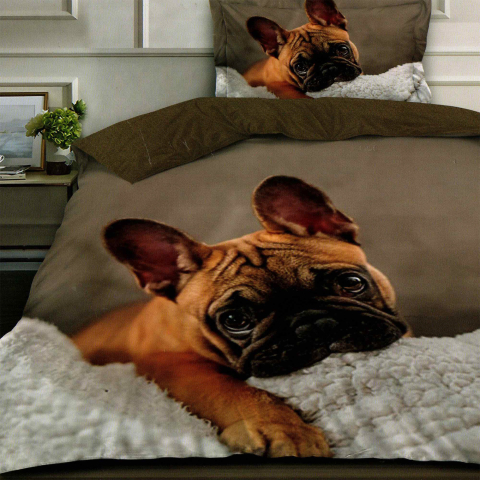 Lenjerii de pat maro - Lenjerie de pat bumbac finet 3D single maro si cappuccino cu bulldog francez