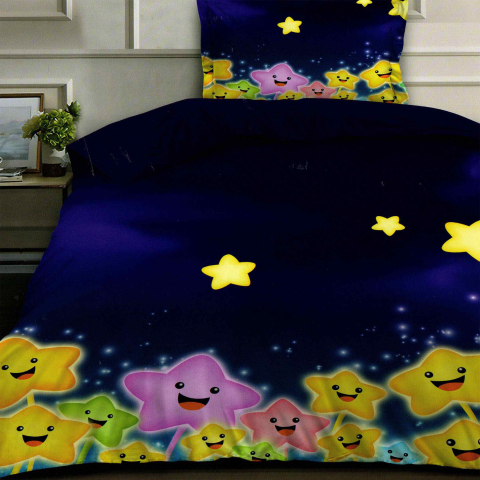 Lenjerii de pat cu stelute - Lenjerie de pat bumbac finet 3D single bleumarin si albastra cu stelute colorate