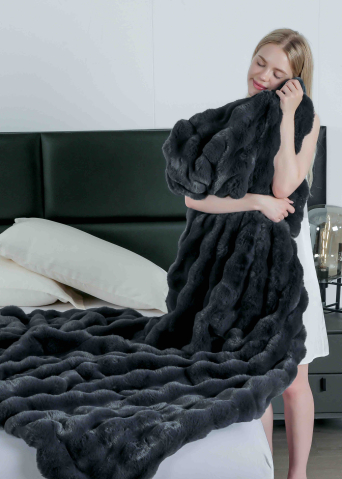 Patura cocolino de lux din blana artificala de iepure 200x230cm,gri inchis-F093 [2]