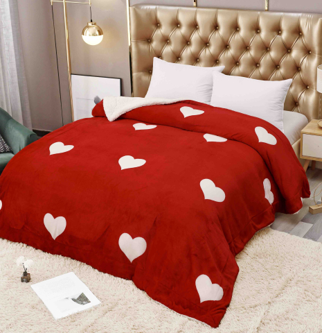 Paturi cocolino - Patura cocolino groasa cu blanita alba 200x230cm,doua fete,rosie,inimioare albe - F111