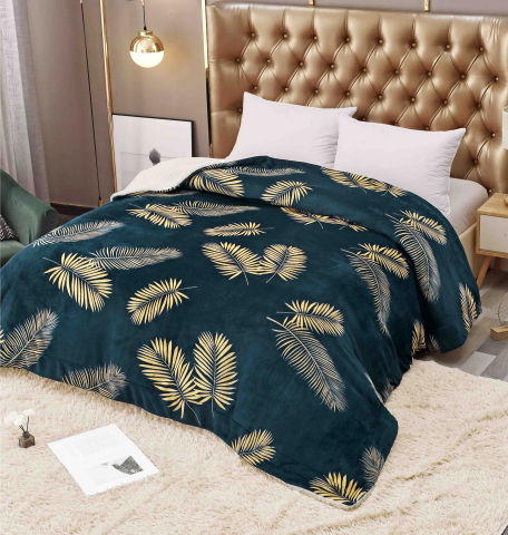 Paturi cocolino - Patura cocolino groasa cu blanita alba 200x230cm,doua fete,bleumarin,frunze aurii - F112