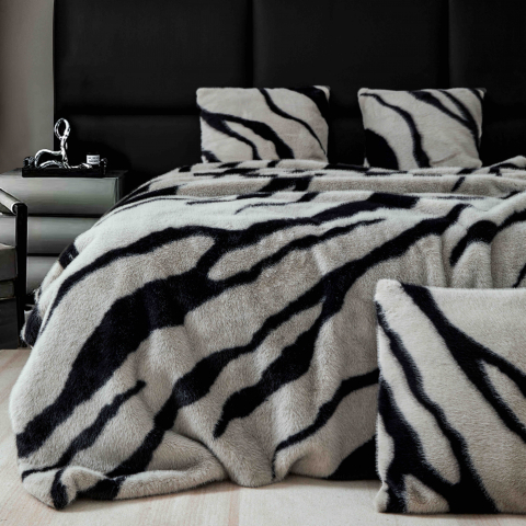 Paturi cocolino - Patura de lux cu fermoar din blana artificala de nurca 200x230cm+2 fete de perna 50x50cm,gri cu negru-F056