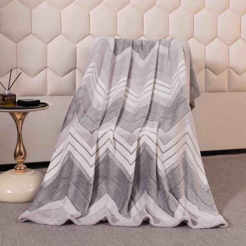 Patura pufoasa cocolino 200x230cm,gri deschis,dungi in zig zag-F077 [3]