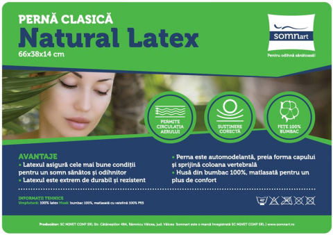 Perna Somnart LATEXCEL, 66x38x14 cm, latex natural, husa bumbac 100%, roz [5]