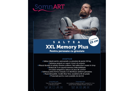 Saltea cu memorie Somnart XXL Memory Plus 90x200, înălțime 25 cm, pentru persoane supraponderale, husă Aloe Vera detașabilă, rulată, fermitate mare [15]