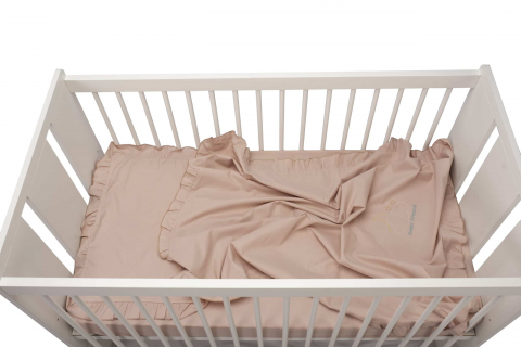 Mama si copilul - Set lenjerie patut bebe, bumbac (cearceaf pat 60x120, cearceaf pilota 80x110, fata perna 35x50), brodata, cu volan, ROZ
