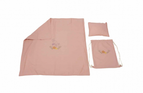 Mama si copilul - Set paturica + perna + rucsac SomnArt, cu broderie, din in, Roz