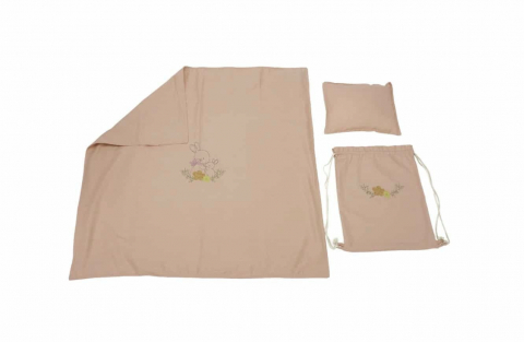 Mama si copilul - Set paturica + perna + rucsac SomnArt, cu broderie, din in, Crem