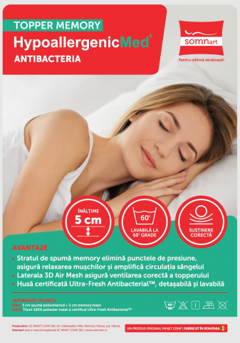 Topper cu memorie 140x200, HypoallergenicMed Antibacteria, H 3+2cm, husa detasabila, lavabila si certificata Ultra-Fresh Antibacterial™ [1]