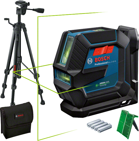 Bosch GLL 2-15 G + LB 10 + DK 10 Nivela laser cu linii verzi (15 m) + Suport universal + Clema de prindere pe tavan + Valiza [2]