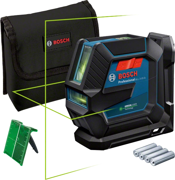 Bosch GLL 2-15 G + LB 10 + DK 10 Nivela laser cu linii verzi (15 m) + Suport universal + Clema de prindere pe tavan + Valiza [1]