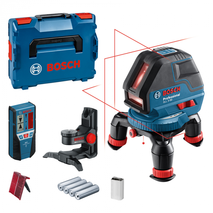 Bosch GLL 3-50+BM1+LR2 nivela laser cu linii, 10m, receptor 50m, precizie 0.3 mm/m + 1 baterie 9V (6LR61) + L-Boxx [2]