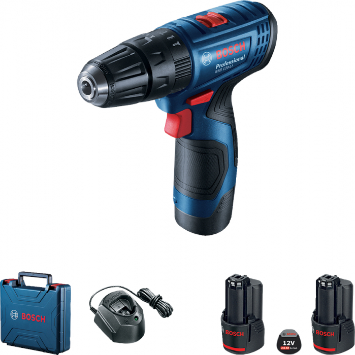 Bosch GSB 120-LI Masina de gaurit cu percutie cu 2 acumulatori Li-Ion, 12 V, 2Ah, 30Nm + Set 23 accesorii burghie si capete cu suport [3]