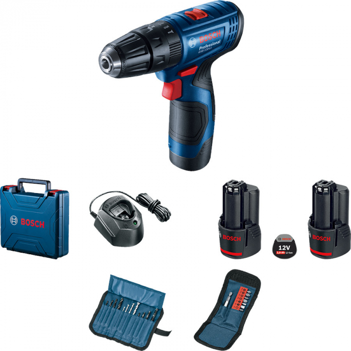 Bosch GSB 120-LI Masina de gaurit cu percutie cu 2 acumulatori Li-Ion, 12 V, 2Ah, 30Nm + Set 23 accesorii burghie si capete cu suport [2]