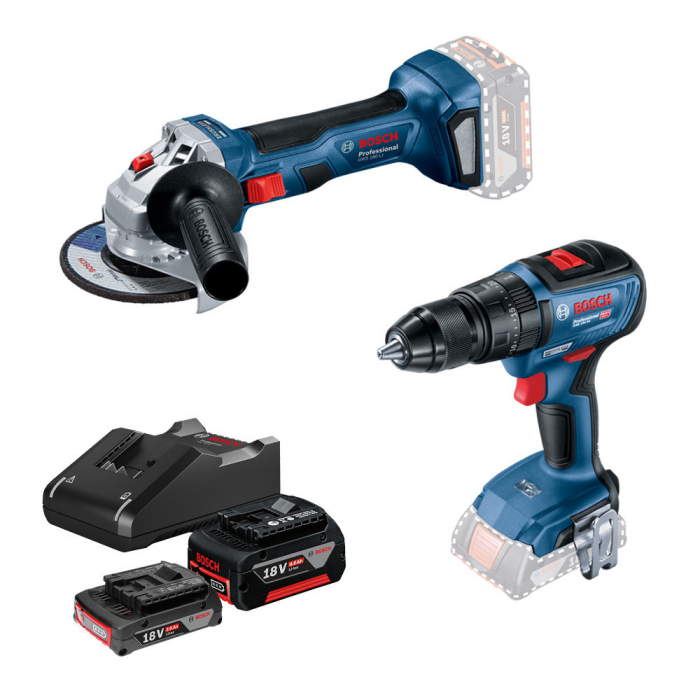 Bosch Kit 2 scule brushless GWS 180-LI Polizor unghiular brushless, 115mm + GSB 18V-50 Masina de gaurit cu percutie + 1 acumulator 2Ah + 1 acumulator 4Ah + incarcator [1]