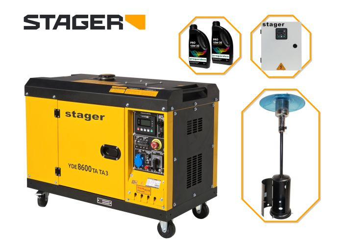 Pachet Stager YDE8600TA-TA3 V2 Generator insonorizat 7.5kVA, DualPower + Automatizare trifazata YA40063F12STA, 63A + Zobo H1207G Incalzitor terasa pe gaz 12.5kW + 2L ulei [1]