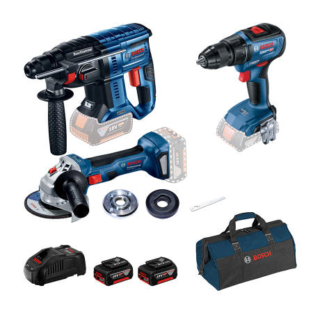 Scule electrice - Bosch GBH 180-LI Ciocan rotopercutor brushless + GSR 18V-50 Masina de gaurit + GWS 180-LI Polizor unghiular brushless + 2 acumulatori Li-Ion 18V, 5Ah + incarcator + geanta textil