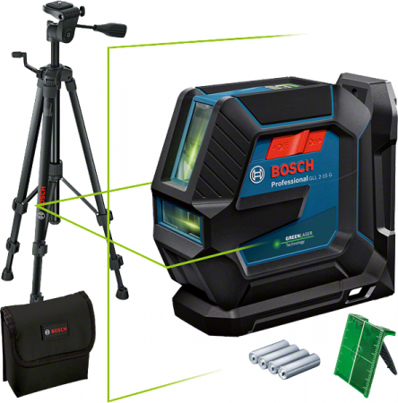 Bosch GLL 2-15 G + LB 10 + DK 10 Nivela laser cu linii verzi (15 m) + Suport universal + Clema de prindere pe tavan + Valiza [1]