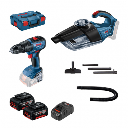 Scule electrice - Bosch GSB 18V-50 Masina de gaurit cu percutie brushless cu 2 acumulatori Li-Ion, 5Ah, 50Nm + Valiza + GAS 18V-1 (solo) Aspirator 18V