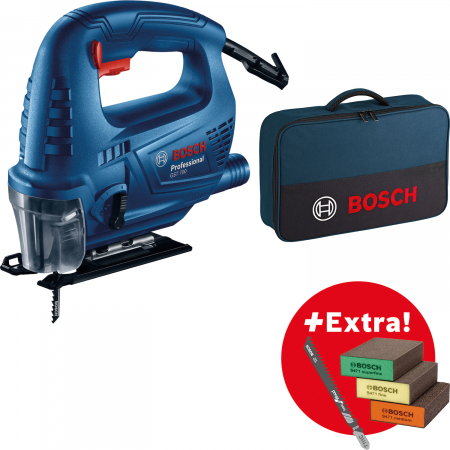 Scule electrice - Bosch GST 700 Ferastrau vertical 500W + Set 5 panze lemn + Set 3 bureti slefuire + Geanta textil