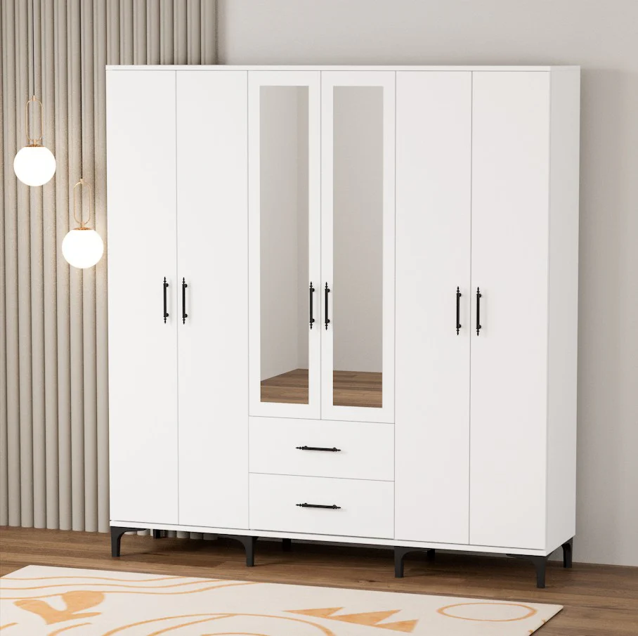 Dulap Modern cu 6 Uși și Oglindă, Alb Lucios - Spațiu Generos și Eleganță de Top [4]