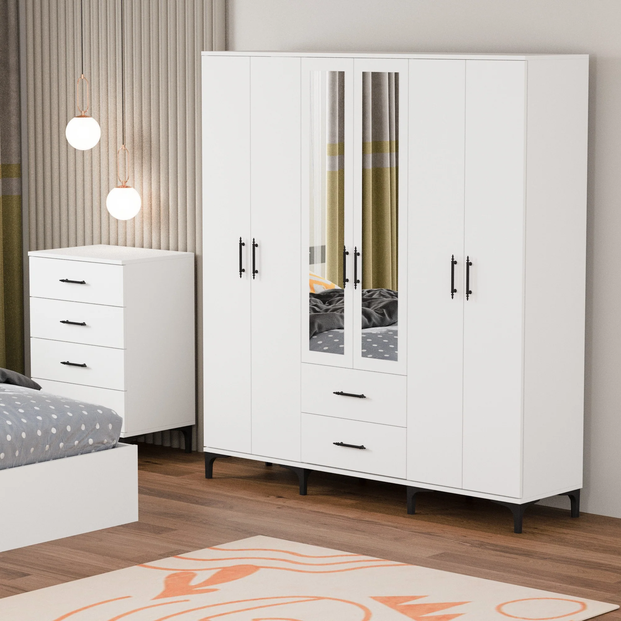 Dulap Modern cu 6 Uși și Oglindă, Alb Lucios - Spațiu Generos și Eleganță de Top [3]