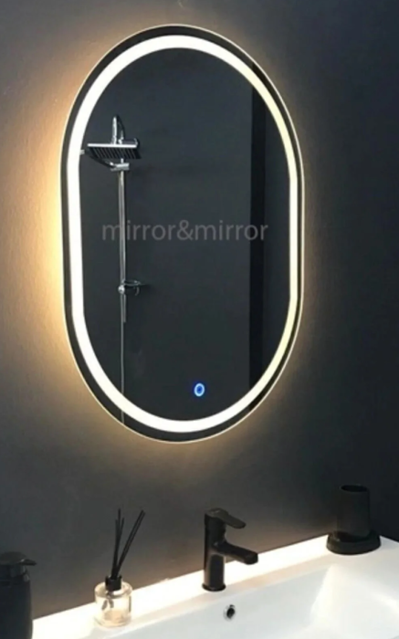 Oglindă decorativă flotantă ovală cu LED, tactilă, sablată, 60x80 cm [4]