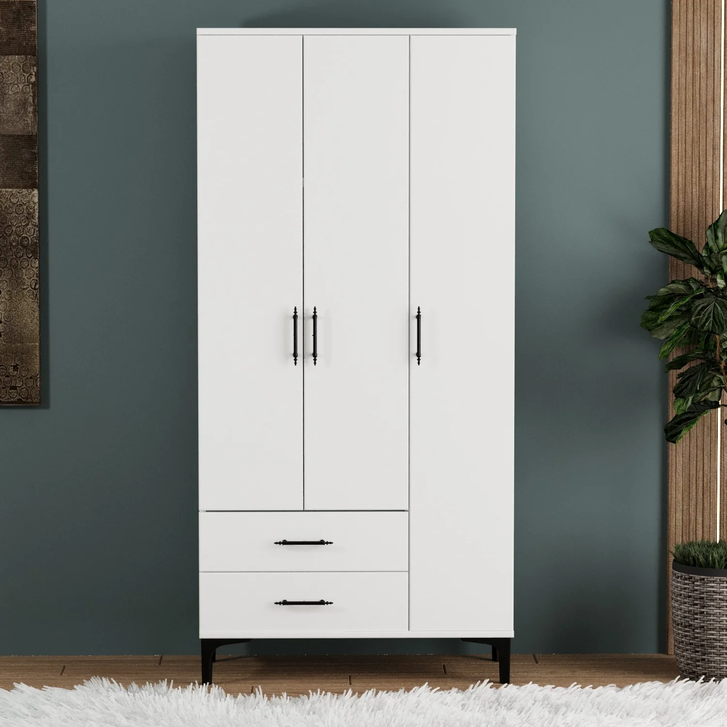 Dulapuri - Dulap Modern Alb Lucios cu 3 Uși și 2 Sertare - Eleganță și Funcționalitate Superioară