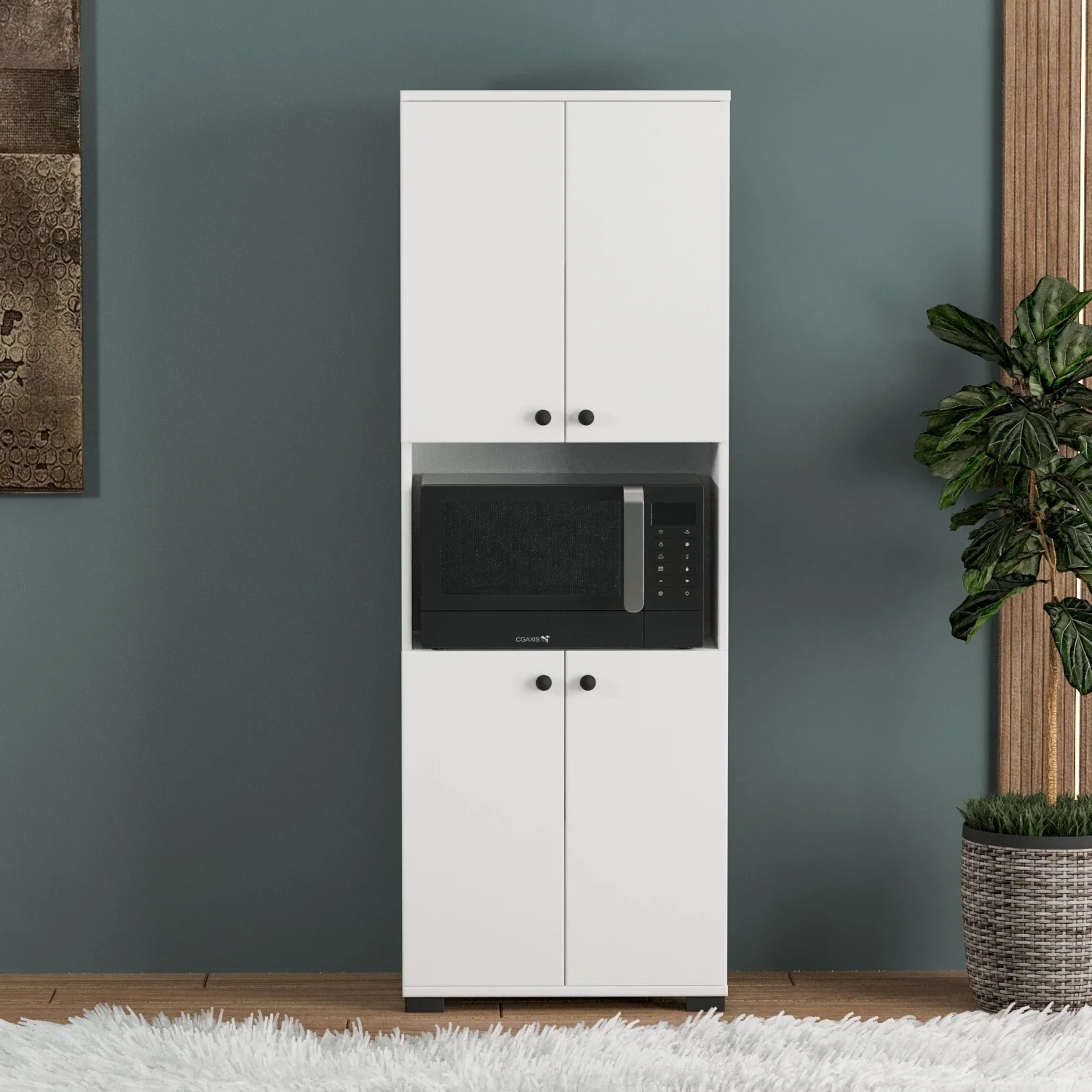 Dulapuri - Dulap Multifuncțional Alb Lucios cu 4 Uși și Loc pentru Cuptor - Soluție Elegantă de Organizare pentru Bucătărie