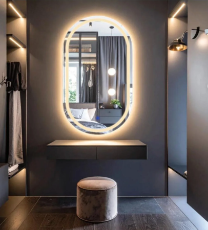 Oglindă - Oglindă decorativă flotantă ovală cu LED, tactilă, sablată, 60x80 cm