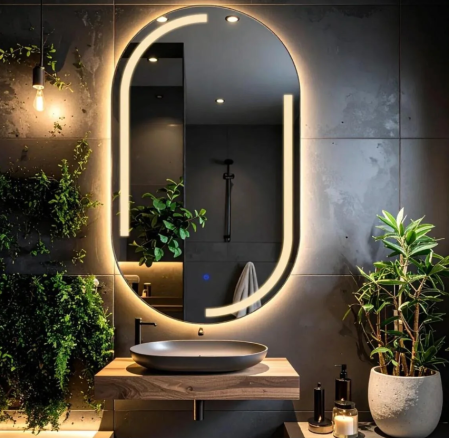 Oglindă - Oglindă decorativă ovală cu LED tactil, 60x80 cm, semiplutitoare, sablată