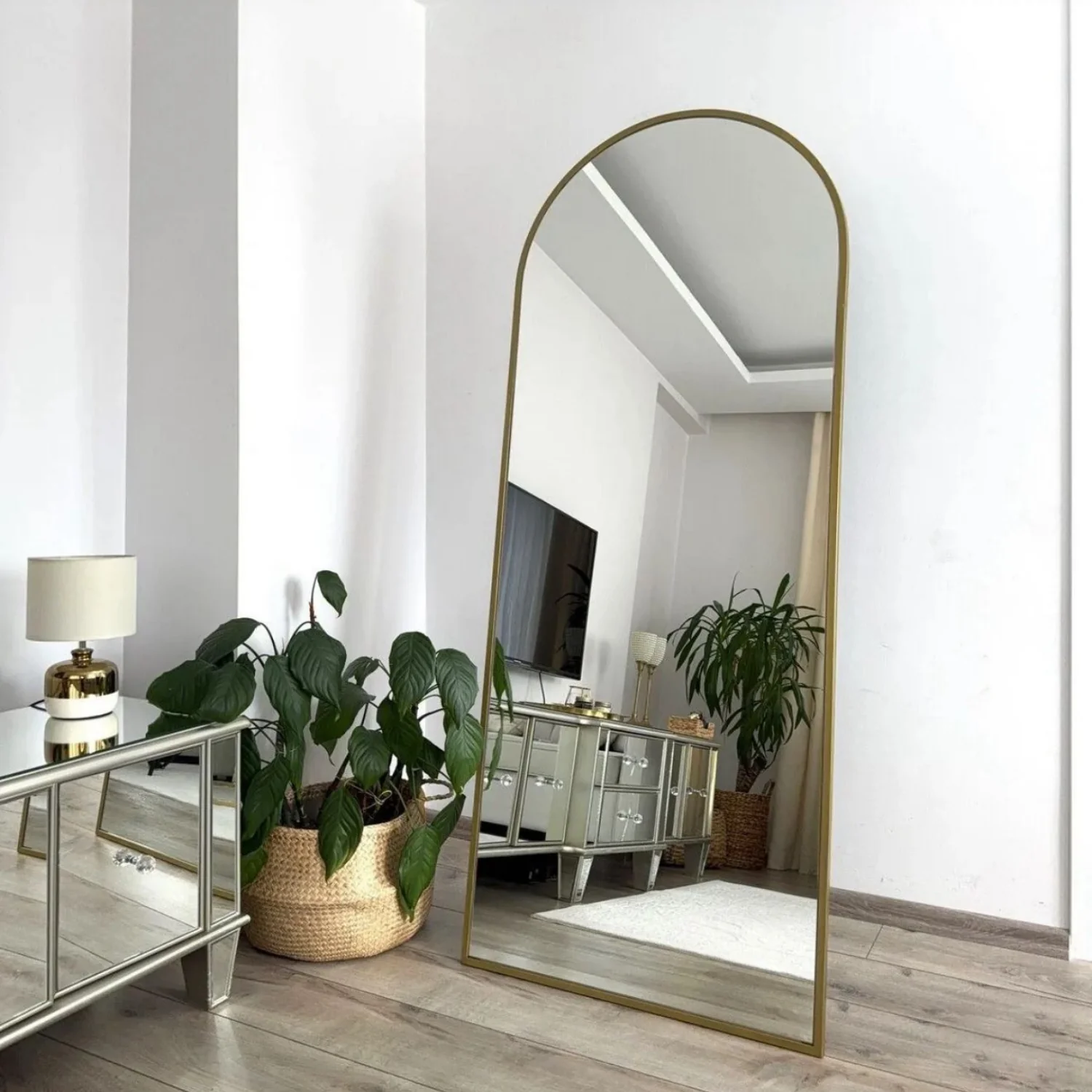 Oglindă - Oglindă Ovală Demontabilă cu Ramă Metalică Auriu, 180x70 cm - Design Glamour pentru Dormitor și Influenceri