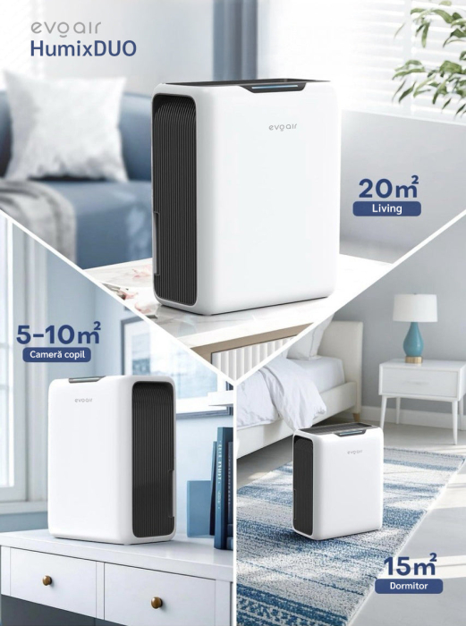 Dezumidificator aer Evoair HUMIXDUO, 500ml/24h, 3 Moduri funcționare, Silențios, Lumină Ambientală, Rezerva cu Silicagel, Timer 48h, Rezervor 2.5l, Alb [11]