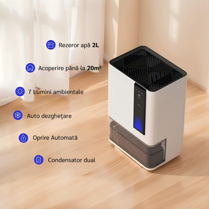 Dezumidificator Evoair HIDRY PLUS, 900ml/24h, Lumina ambientala in 7 culori, Rezervor 1.9l, 3 Viteze, Functie Auto Dezghetare, Alb [8]
