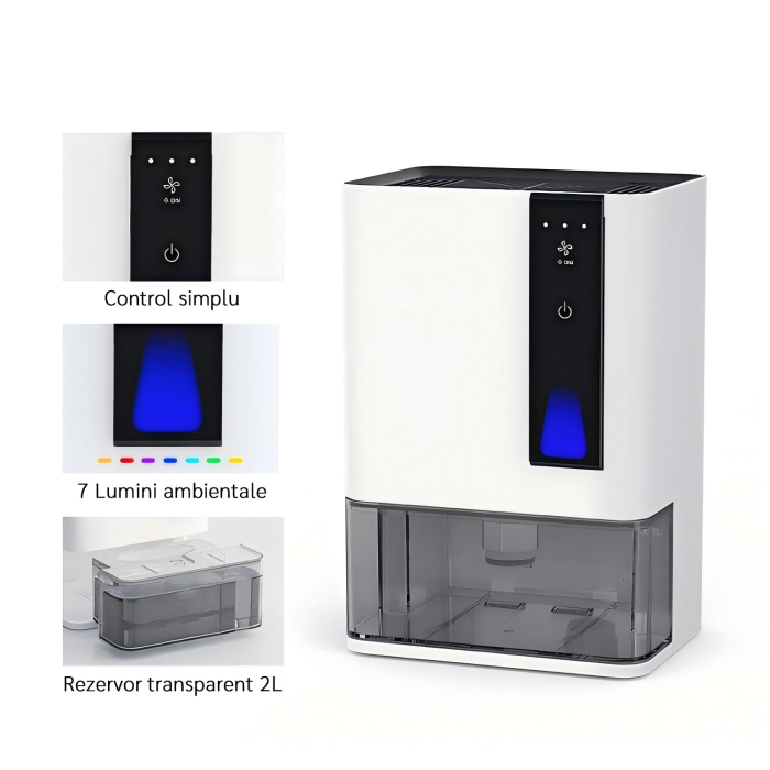 Dezumidificator Evoair HIDRY PLUS, 900ml/24h, Lumina ambientala in 7 culori, Rezervor 1.9l, 3 Viteze, Functie Auto Dezghetare, Alb [15]