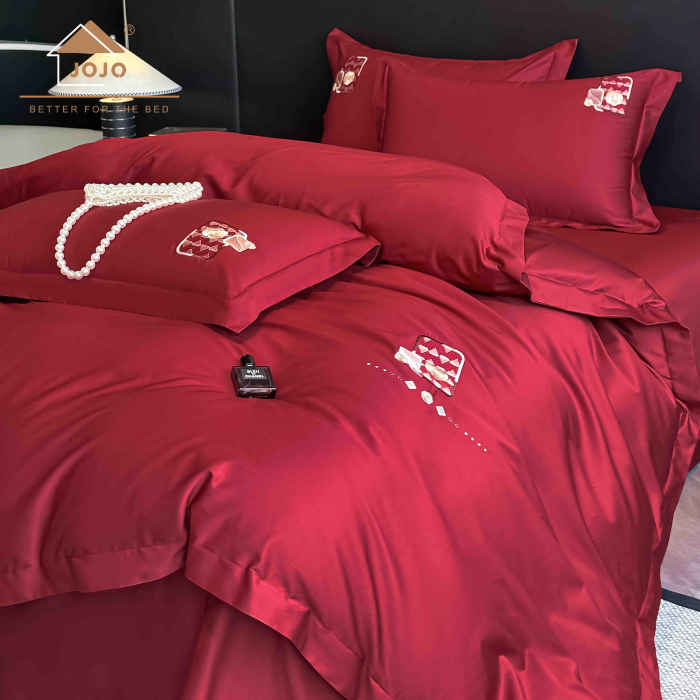 Lenjerie de pat bumbac satinat cu broderie, 4 piese, rosu [2]