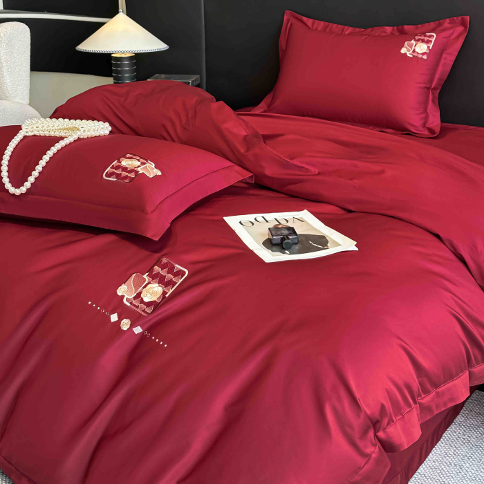 Lenjerie de pat bumbac satinat cu broderie, 4 piese, rosu [3]