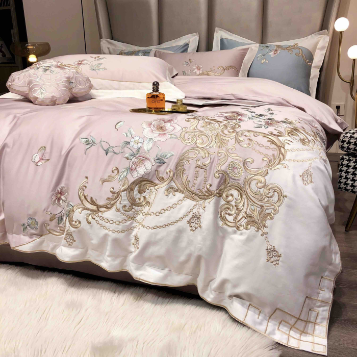 Lenjerie de pat bumbac satinat cu broderie, 4 piese, roz deschis [2]